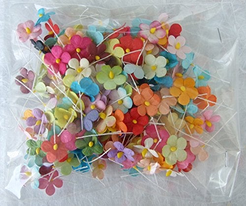 ICRAFY 200 pcs. Assorted Tiny Daisy Mulberry Paper Flower White Rope Wire Artificial Craft Scrapbook Wedding Supply Accessory DIY, Assorted Color, Size 1.5 cm. - Image 2